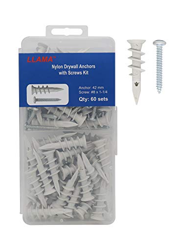 LLAMA Fastener Nylon Drywall Anchors with Screws Set - 60pcs Nylon Anchors, 60pcs #8x1-1/4" Screws
