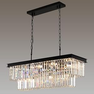 Crystal Chandeliers for Dining Room 11-Light Black Modern Chandelier Rectangle Contemporary Pendant Light Fixture for Kitchen Island Bar L33.5 Inch