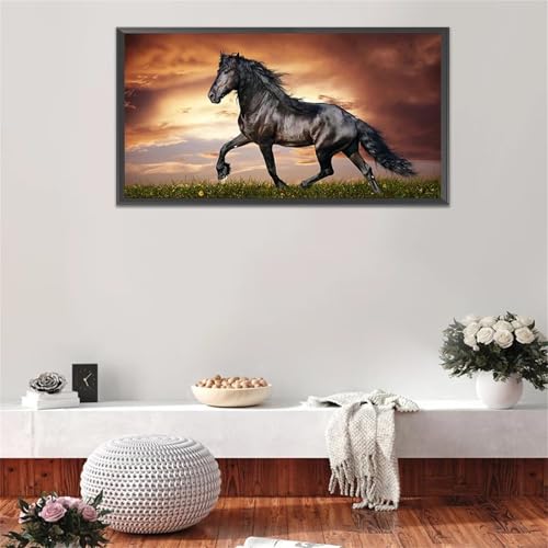 Peinture diamant adulte 5D de grand format 30x90cm motif cheval au galop pour déco