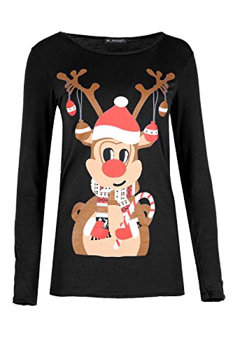 Fashion Star Womens Christmas T Shirt Ladies Reindeer Candy Stick Long Sleeve Jersey Xmas Top Plus Size (UK 16/18) Reindeer Bells Black