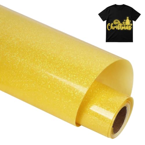 Image of guangyintong Heat Transfer Vinyl Glow Glitter HTV Rolls, 12 inch x 5ft Yellow Iron on Vinyl for T Shirts, Glitter HTV Vinyl for All Cutter Machine Easy to Cut & Weed for Heat Vinyl Design