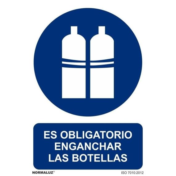 Cartel que indica Es Obligatorio Enganchar Las Botellas (varias medidas) SEKURECO