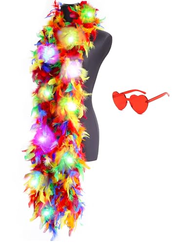 JIANGLAI Colorful Feather Boas 6.6ft Boa with 20 Color LED Lights for Women Dancing Wedding Party Halloween with Heart Sunglasses