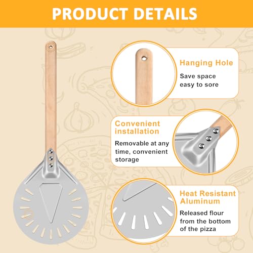 7" Pizza Turning Peel, Non-Stick Pizza Peel, Aluminum Pizza Paddle with Detachable Long Wooden Handle,Professional Pizza Shovel Spatula Pans Pizza Stone Oven Gril for Homemade Pizzas, Baking