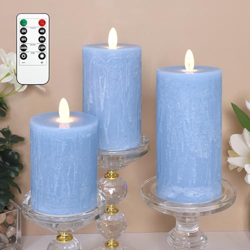 Image of Rustic Blue Flameless Candles with Remote Control & Timer Real Wax Ocean Pillar LED Candles Rough Texture Design Battery Candles for Home Party Nautical Wedding Christmas Valentine's Day Decor