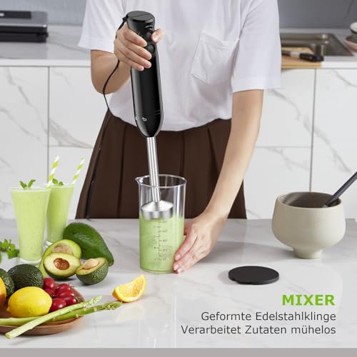 Bonsenkitchen Pürierstab, Stabmixer Elektrischer, 1000W Pürierstab Edelstahl, 2 Geschwindigkeiten, für Babynahrung, Suppe, Smoothies, Püree, Sauce hand blender, Schwarz, HB3201