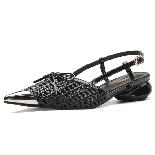 Women's Braided Mesh Bow Slingback Pumps Closed Pointed Toe Ankle Strap Low Block Heel Dress Shoes for Wedding Party Work
