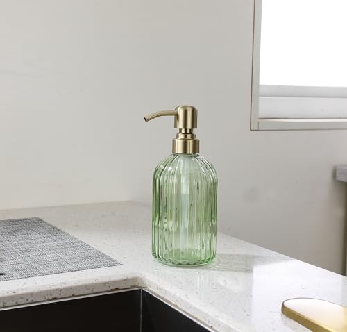Image of 16Oz Green Glass Soap Dispenser with Rust Proof Stainless Steel Pump, Green Stripe Bathroom Hand Dish Lotion Dispensers with Brushed Gold Pump,Brushed Gold Glass Soap Dispenser