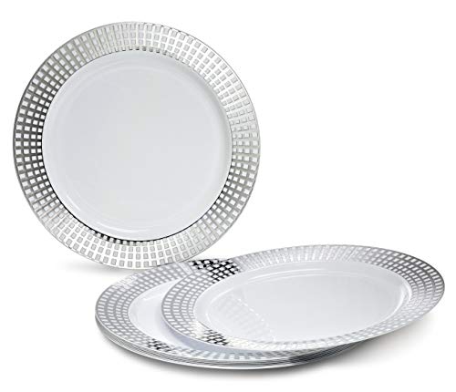 " Occasions " 50 Plates Pack (25 Guests)-Wedding Party Disposable Plastic Plate Set -25 X 10.25'' Dinner + 25 X 7.5'' Salad & Dessert Plates (Princess White & Silver) #TOP1