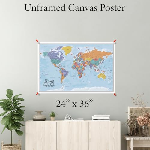 Image of Blue Oceans World Travel Map Poster with Pins - Personalized Canvas Wall Art - Large 24 inch x 36 inch
