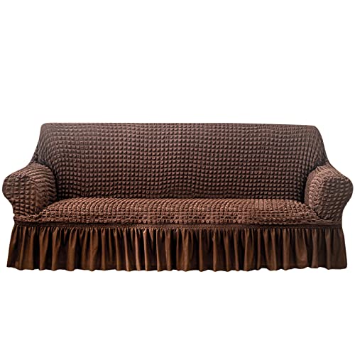 JIAN YA NA 1 Piece Couch Cover with Skirt New Universal Sofa Cover Slipcover High Elastic Durable Soft Sofa Cushion Covers Great for Dogs, Pets (Brown,3 Seat)