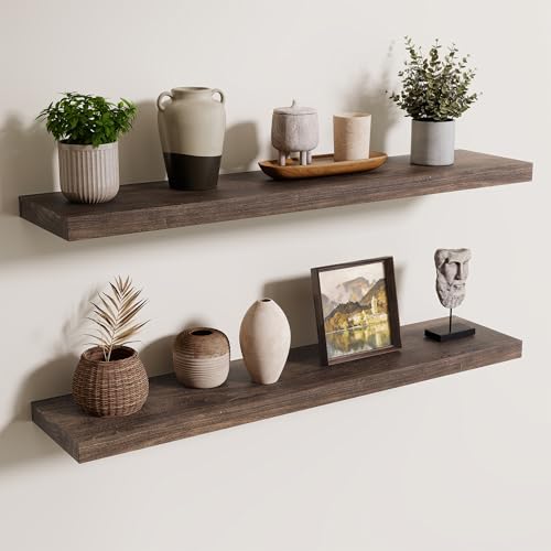 Image of Floating Shelves for Wall, 36in Reclaimed Elm Wood Shelves, Walnut, 2PCs
