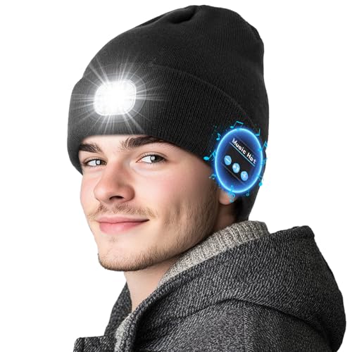 Yontune Bluetooth Beanie with Light, Beanie with LED and Bluetooth Headphones, Rechargeable, Unique Tech Gifts for Men Women, Black
