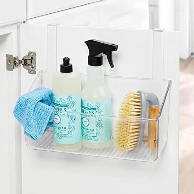 mDesign Plastic Over Cabinet Door Storage Organizer Bin for Kitchen, Pantry, Bathroom, Laundry, Utility Room - Hang Outside or Inside Door - Holds Lunch Bags, Shampoo, Cleaning Supplies, Large - Clear