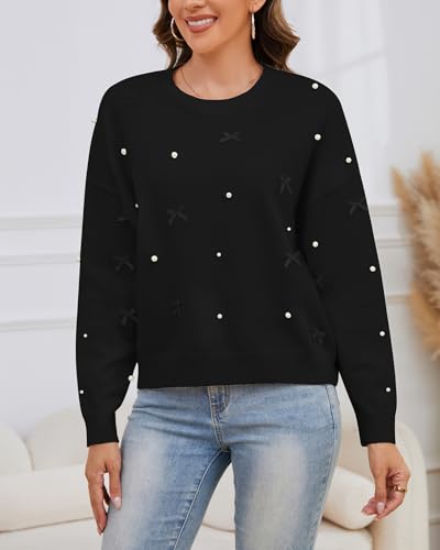 Kedera Fall Sweaters for Women Long Sleeve Crewneck Knit Embellished Bow Tops Loose Fit Y2K Casual Pullover with Pearls4