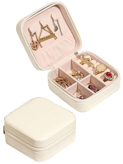 Image of Mini Jewellery Travel Case, PU Leather Organizer Box, Small Portable Jewellery Storage Holder for Womens Rings Earrings Necklaces (Peach-PU Leather Box) (White)