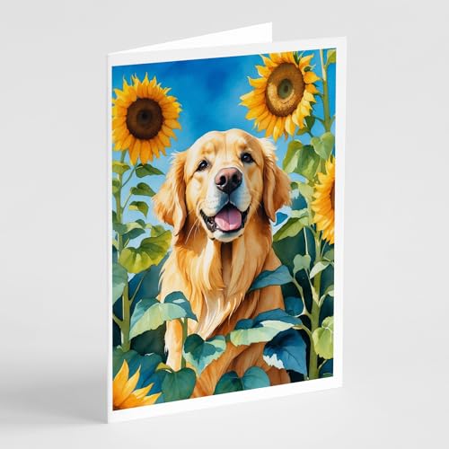 Caroline's Treasures Golden Retriever in Sunflowers Greeting Cards Pack of 8 Blank Cards with Envelopes Whimsical A7 Size 5x7 Blank Note Cards