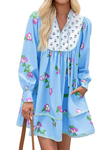 Image of Wenrine Womens Casual Floral Mini Dress Fall Long Sleeve V Neck Patchwork Loose Boho Shirt Dresses