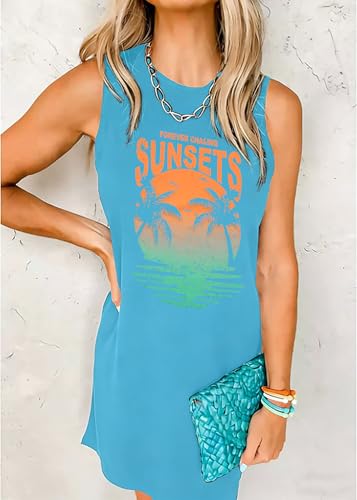 Image of MYHALF Summer Tank Dress for Women Sleeveless Beach Vacation Sundress Short Coconut Tree Sun Dress Casual Coverup