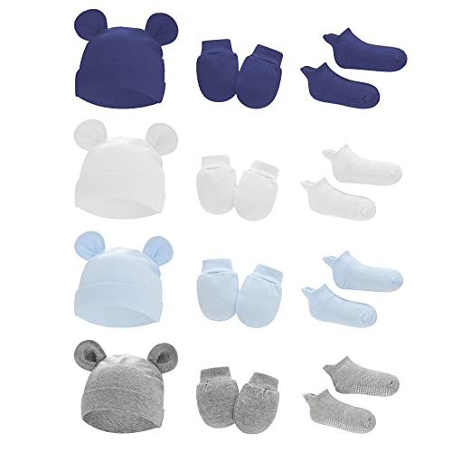 Uttpll Newborn-Mittens-Socks-Hospital-Beanie Nursery Scratch Gloves Infant Baby Hat Caps Toddler Girls Boys Non Slip Socks With Grippers White Navy Blue Grey 0-6 Months #TOP6