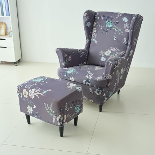 Image of HOKIPO 140 GSM Stretchable Wing Chair Cover, Bentonite Grey Budding Florals (NEW-AR-5135-D1)