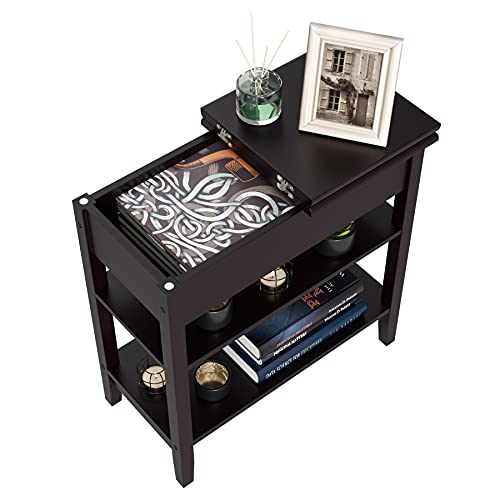 Urkno Narrow End Table With Storage, Flip Top Side Table With Shelves, Wood Nightstand Sofa Table For Bedroom, Living Room, Dark Brown #TOP1