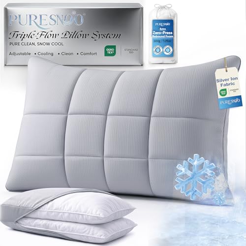 puresnoo Cooling Adjustable Pillow for Side Sleepers Silver Infused Bed Pillow Cool Soft Firm Pillow for Hot Sleepers Back & Stomach Sleepers Self-Cleaning Technology for 3X Freshness Sleep Grey