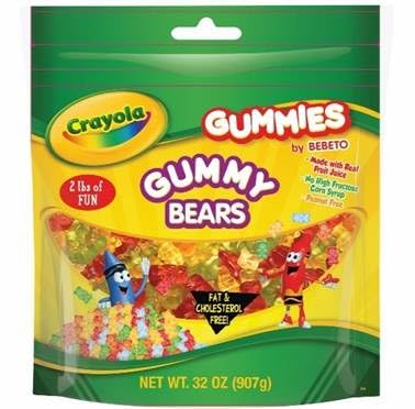 Bebeto Crayola Gummy Bears 2 lbs – Made with Real Fruit Juice – Fruity Chewy Candy Resealable Stand Up Pouch – Halal Peanut Free No HFCS – by Kervan
