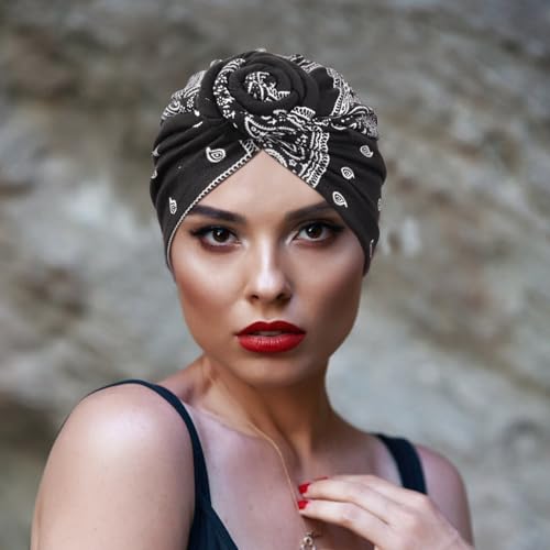 Image of DRESHOW 5 Pack Knotted Headwraps for Women African Turban Pre-Knotted Beanie Headwraps Hair Covers