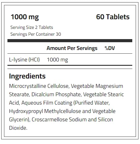 Laperva L-Lysine 1000mg Plant-Based Tablets - Boosts Athletic Performance, Mood &Collagen - 60 Gluten-Free, Vegan Capsules