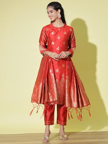 Image of VredeVogel Women's Cotton Silk Jacquard, Banarasi Silk Kurta Pant With Dupatta Set