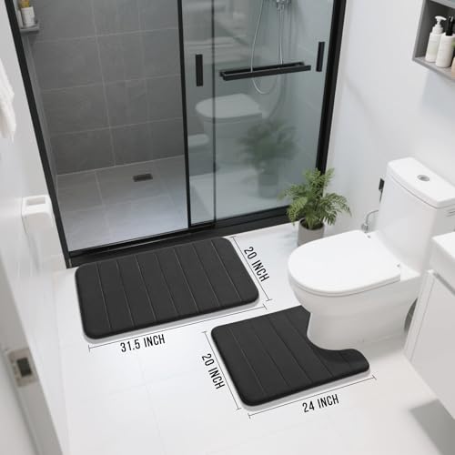 Image of Yimobra Memory Foam Bath Mat Set 2 Piece - Super Soft Absorbent Quick Dry Bathroom Toilet Rugs, Machine Washable Non Slip Floor Carpet for Tub Shower & Single Sink (31.5x20 & 24x20, Black)