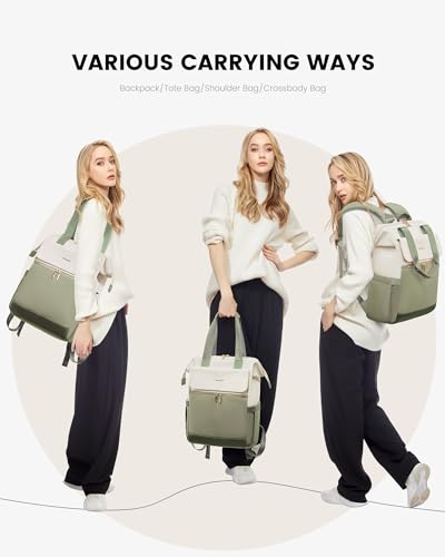 Image of LOVEVOOK 17.3 Inch Laptop Backpack for Women, Large Capacity Travel Backpack with Organizer Bag,Waterproof Carry on Backpack Work Bag with USB Port,Teacher Nurse Backpack Purse,2PCS,Beige-Bean Green