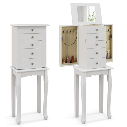 HOMASIS Joyero con 4 cajones y 8 ganchos, armario para joyas con espejo, joyero con 4 patas de...
