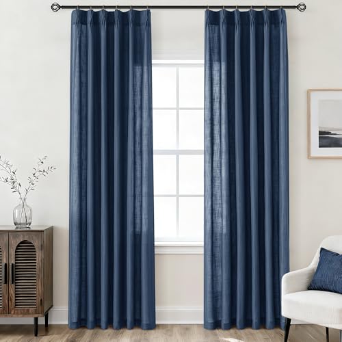 Navy Blue Pinch Pleated 84 inch Long Linen Curtains 2 Panels Set for Living Room Track System Curtains Neutral Modern Elegant Light Filtering Semi Sheer Linen Blend Pinch Pleat Drapes 84 Length