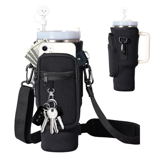 Tasche für Stanley Cup 40oz - Tragetasche mit Handyfach Karabiner & verstellbarem Schultergurt - Ideal für Reisen Wandern Laufen & Radfahre (Schwarz)