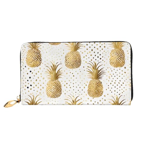 Gold Glitter Pineapples Fruit Print Men'S And Women'S Leather Wallet,Mobile Phone Bag,Soft Leather Printed Zipper Coin Purse,Multi Card Slot Wallet
