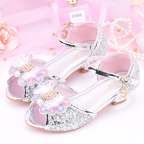Girls Mary Jane Rhinestone Bow Shoes Low Heel Princess Flower Wedding Party Dress Shoes for Kids Toddler Summer (Silver, 11 Little Child)2