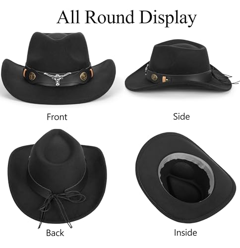 Image of Wide Brim Men and Women's Western Cowboy Hat Fedora-Jazz-Hat with Bull Head Band Decoration