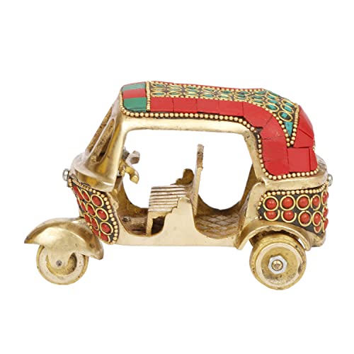 Kartique Brass Auto Rickshaw Handcrafted Indian Souvenir | Tuk Tuk Vehicle Decor | Stone-Studded Showpiece & Gift Item (Red)