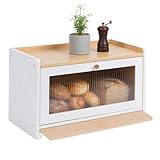 Relaxdays Brotkasten, Bambus, Schneidebrett, Ablage, Luftlöcher, Sichtfenster, HxBxT: 26 x 40 x 25 cm, Brotbox, weiß