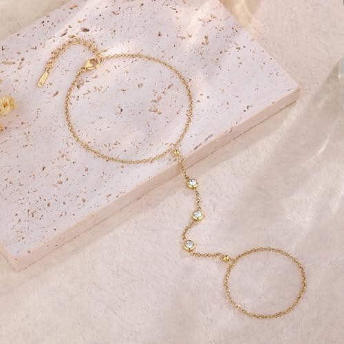 Hand Chain 18K Gold Plated Stainless Steel Non Tarnish Link with Finger Ring Bracelet Stacks Summer Waterproof Jewelry Handchain Slave Bracelets for Women4