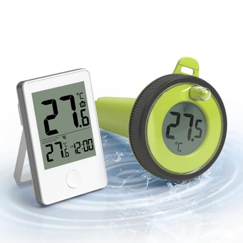 Abeden Termómetro de piscina, flotante fácil de leer con temperatura interior, monitor de humedad, verde, inalámbrico, digital, IP67, resistente al agua, para piscinas, bañeras, estanques