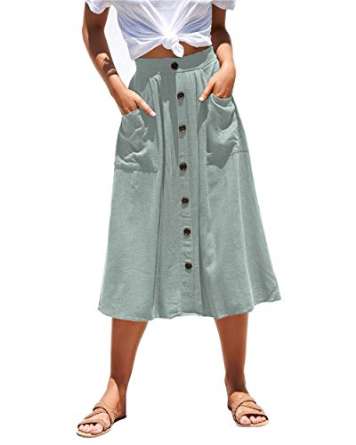 Azue Womens A Line Midi Skirt Elastic Waist Front Button Casual Pleated Skirt