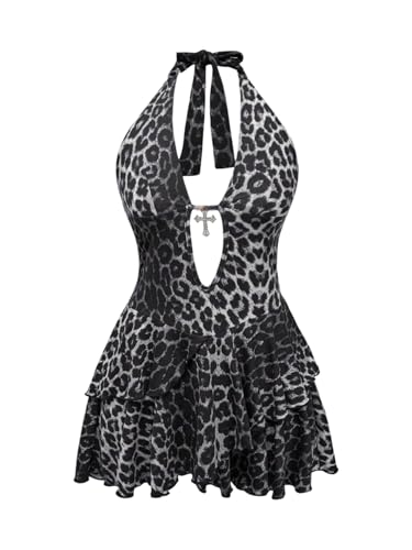 Image of SOLY HUX Women's Plus Size Leopard Print Halter Dress Y2k Gothic Deep V Cheetah Tie Backless Layered Ruffle Mini Dresses