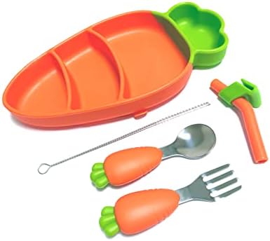 SETFLAGS Toddler Plates with Suction, Silicone Suction Plates for Baby, Cute Carrot Divided Plates and Utensils Set, Non Slip, BPA Free, Feeding Set for 1-5 years old, Microwave Dishwasher Safe