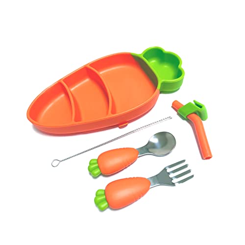 Setflags Toddler Plates With Suction, Silicone Suction Plates For Baby, Cute Carrot Divided Plates And Utensils Set, Non Slip, Bpa Free, Feeding Set For 1-5 Years Old, Microwave Dishwasher Safe #TOP29