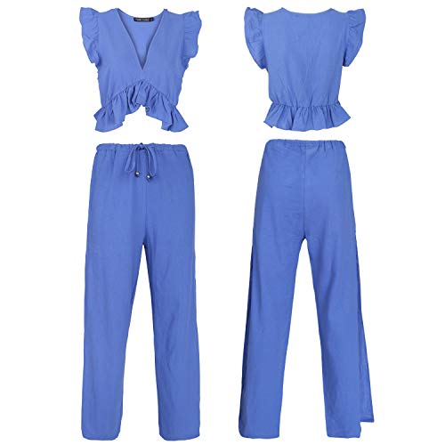 Fancyinn Womens Two Pieces Outfits Deep V Neck Crop Top Side Slit Drawstring Wide Leg Pants Set Jumpsuits Royal Blue Xl #TOP4
