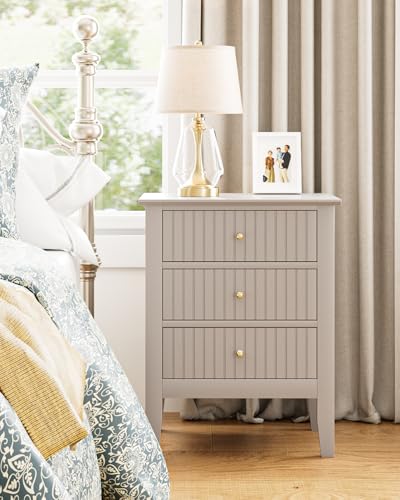 Image of Night Stand, Fluted Nightstand Bedside Tall Farmhouse Nightstand with 3 Drawers, Mid Century Modern Side Accent Table,Bedside End Table for Bedroom, Living Room, Khaki