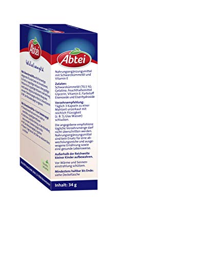 Abtei Schwarzkümmelöl Plus - mit Vitamin E - Nahrungsergänzung für Cholesterin- und Blutzuckerspiegel - 1 x 48 Kapseln (Packung mit 2)